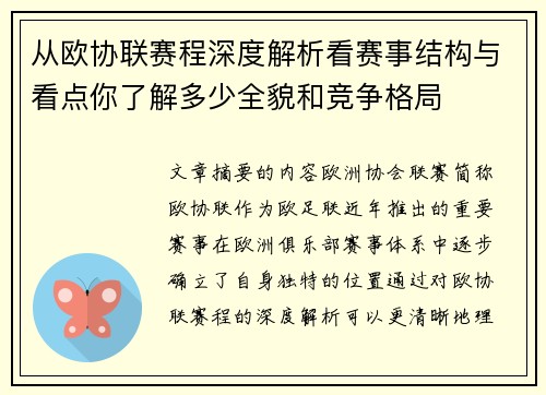 从欧协联赛程深度解析看赛事结构与看点你了解多少全貌和竞争格局