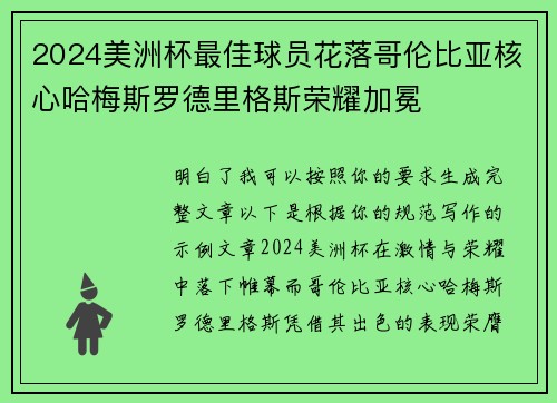 2024美洲杯最佳球员花落哥伦比亚核心哈梅斯罗德里格斯荣耀加冕